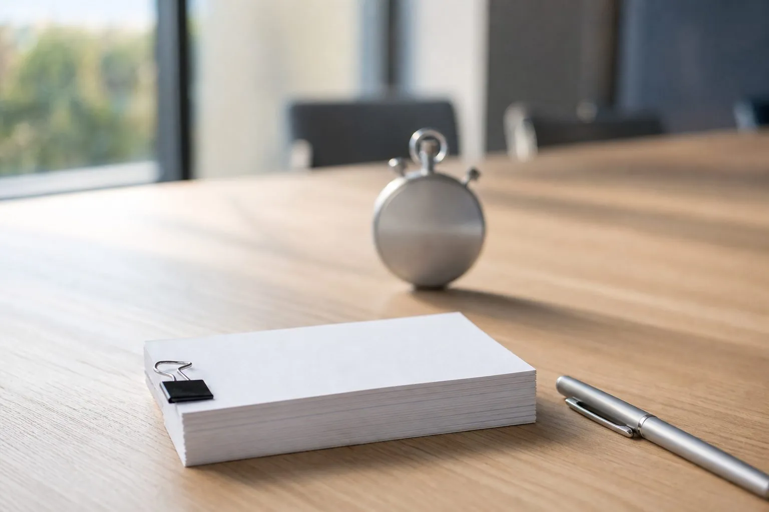 A stack of blank white index cards held by a black binder clip on an oak conference table, a silver pen beside it and a steel stopwatch standing behind, softly out of focus.