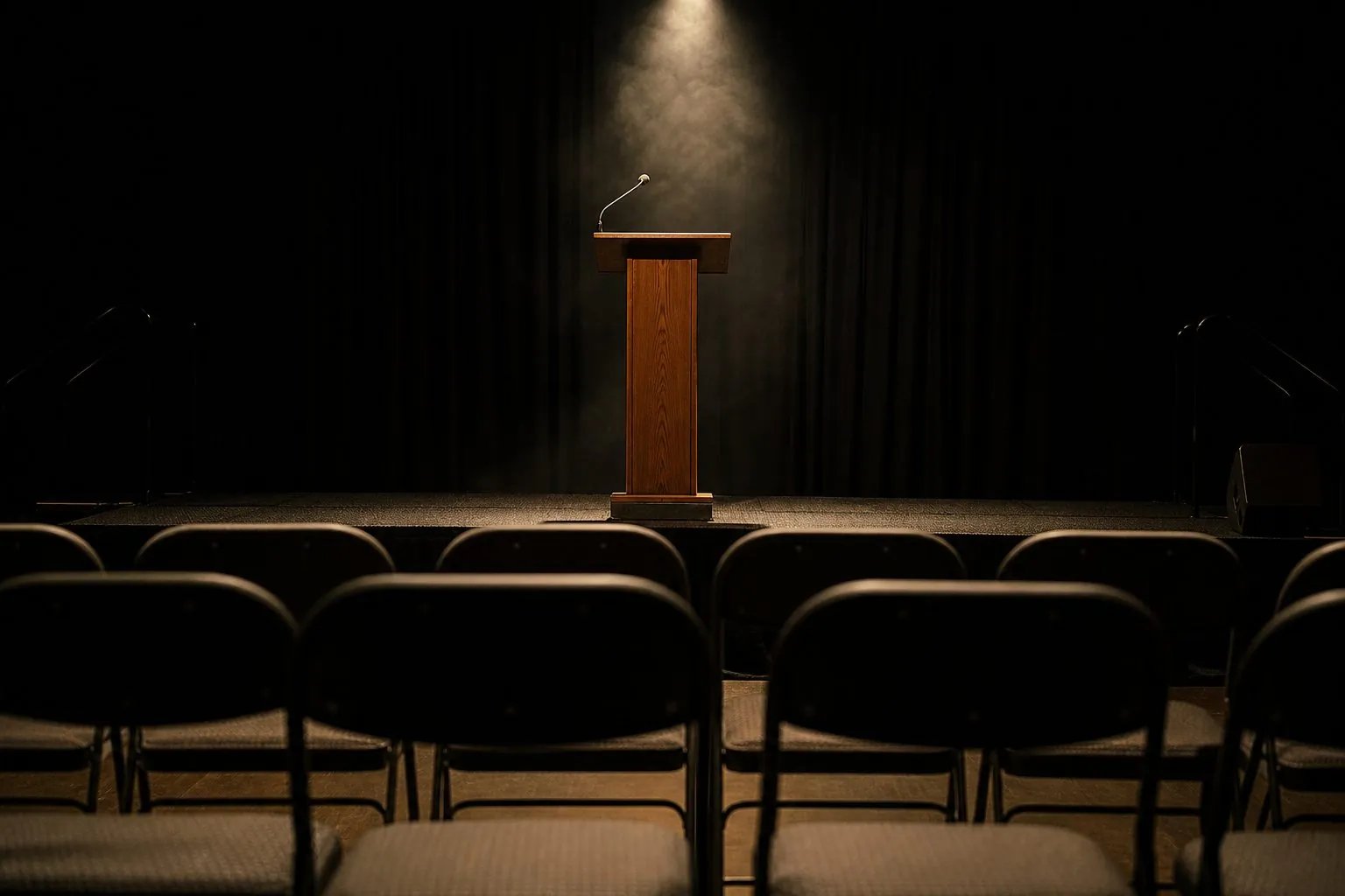 An empty wooden lectern with a gooseneck microphone under a single spotlight on a small dark stage, seen past two rows of empty folding chairs.