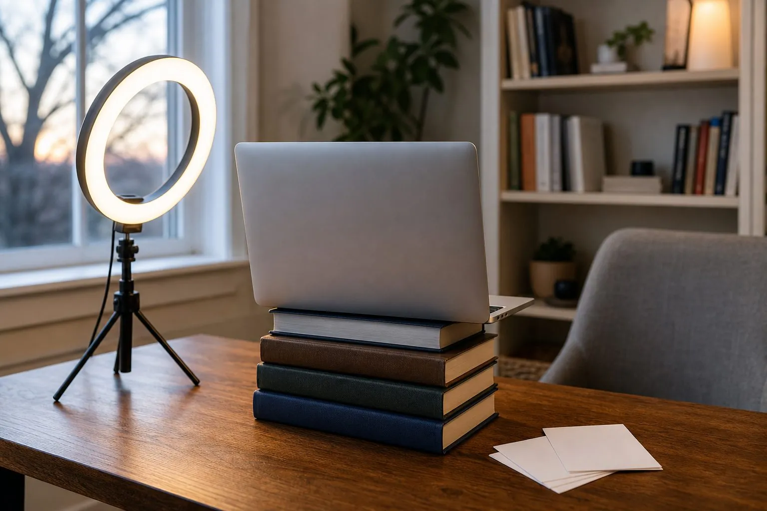 A laptop raised on a stack of hardback books to eye height beside a lit ring light on a wooden desk, set up to practise a presentation alone at home.