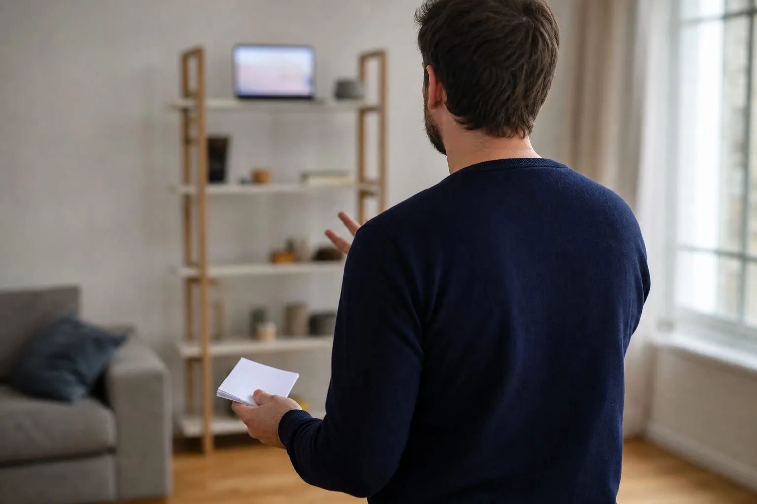 Seen from behind, a man in a navy jumper stands in a bright living room holding blank index cards in one hand and gesturing with the other towards a laptop on a shelf at his eye level.