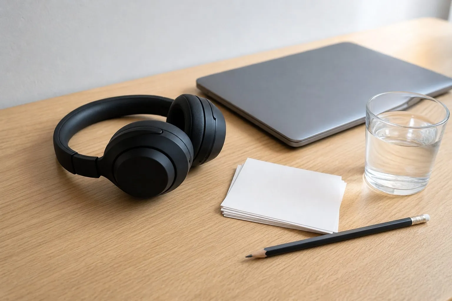 Black over-ear headphones on a light oak desk beside a closed grey laptop, a small stack of blank index cards, a pencil and a glass of water.