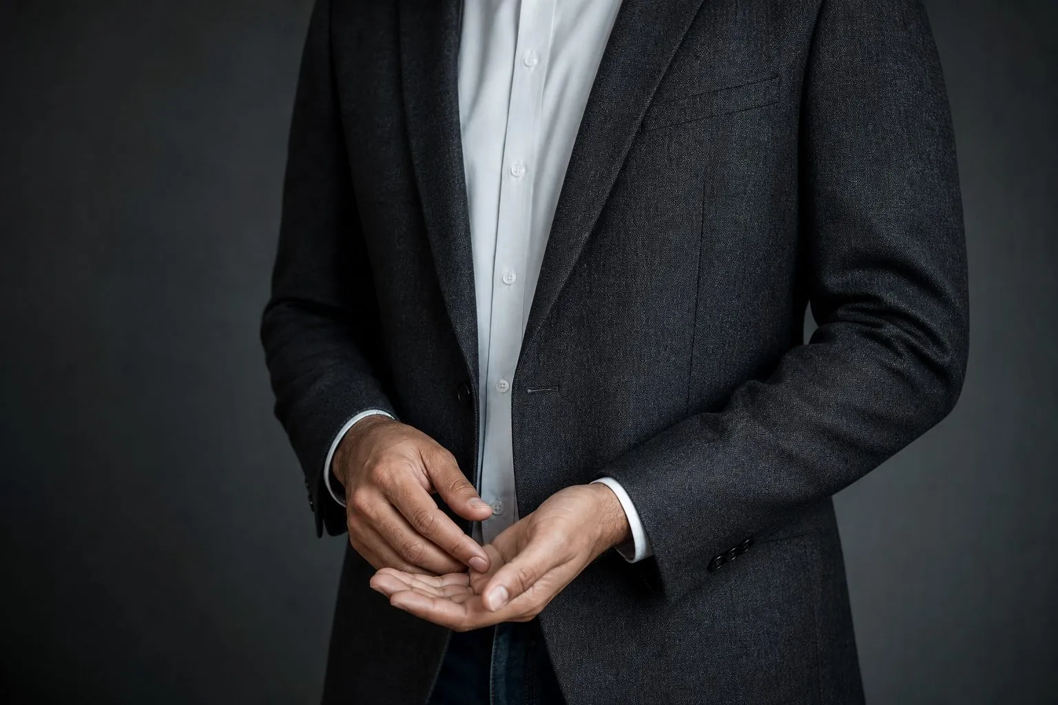 A man in a charcoal blazer and white shirt, his face out of frame, holds his hands loosely in front of his body at waist height, the fingertips of one hand resting in the other palm.