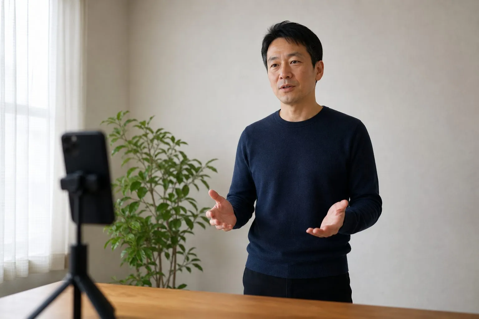A man in a navy sweater stands in a plain room beside a potted plant, hands open at waist height, speaking towards a phone on a small tripod on the desk in the foreground.